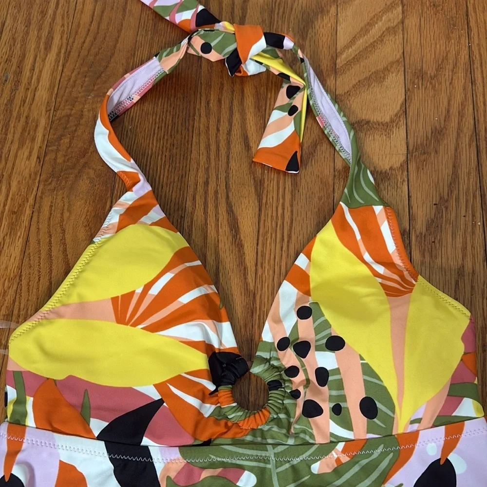 Bar III Women's Ring Tie Halter Tankini Swimsuit green orange‎ Top S NWOT